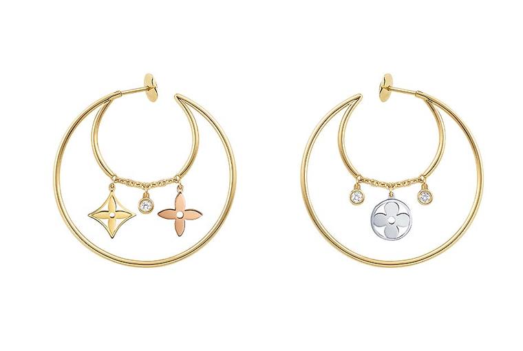 New Louis Vuitton earrings from the Monogram Idylle collection in yellow, pink and white gold with diamond accents (£2,960).